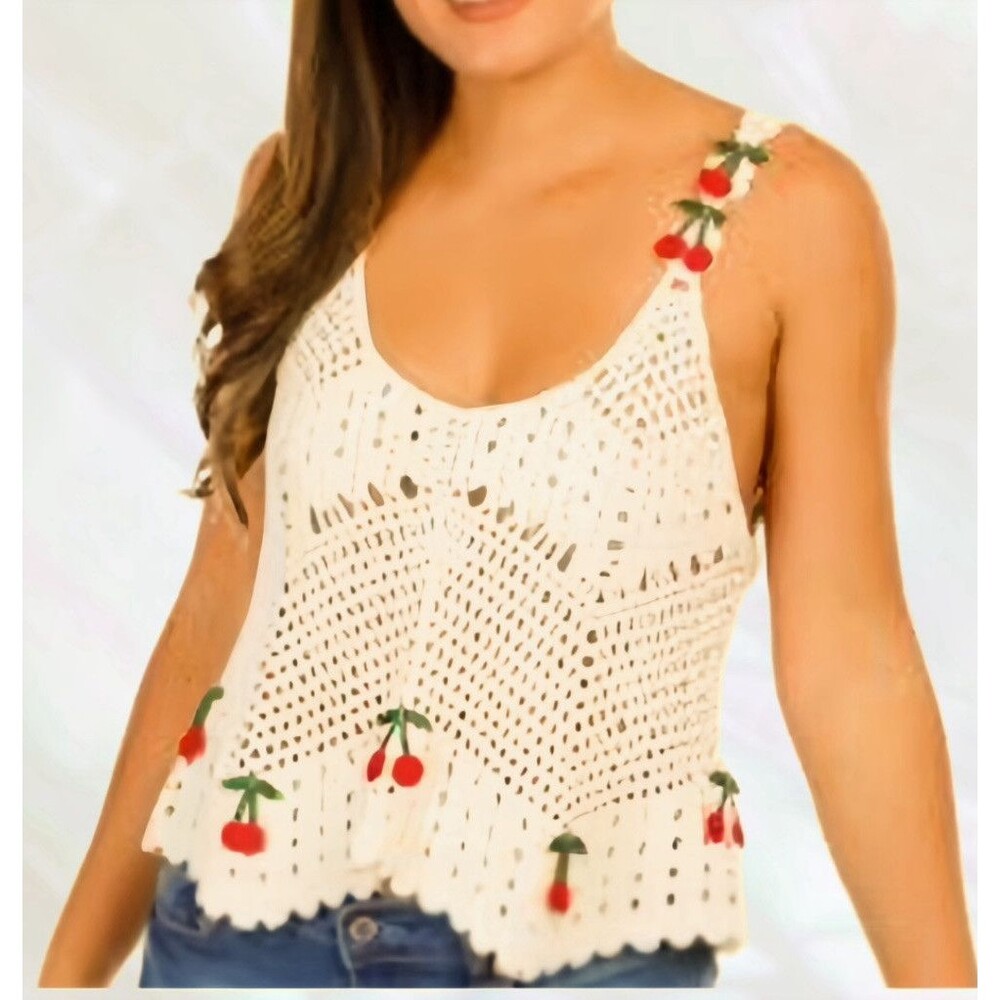 Women’s “Rebellion” Crochet Knitted  Cherry Design Cropped Top, Size Large NWT